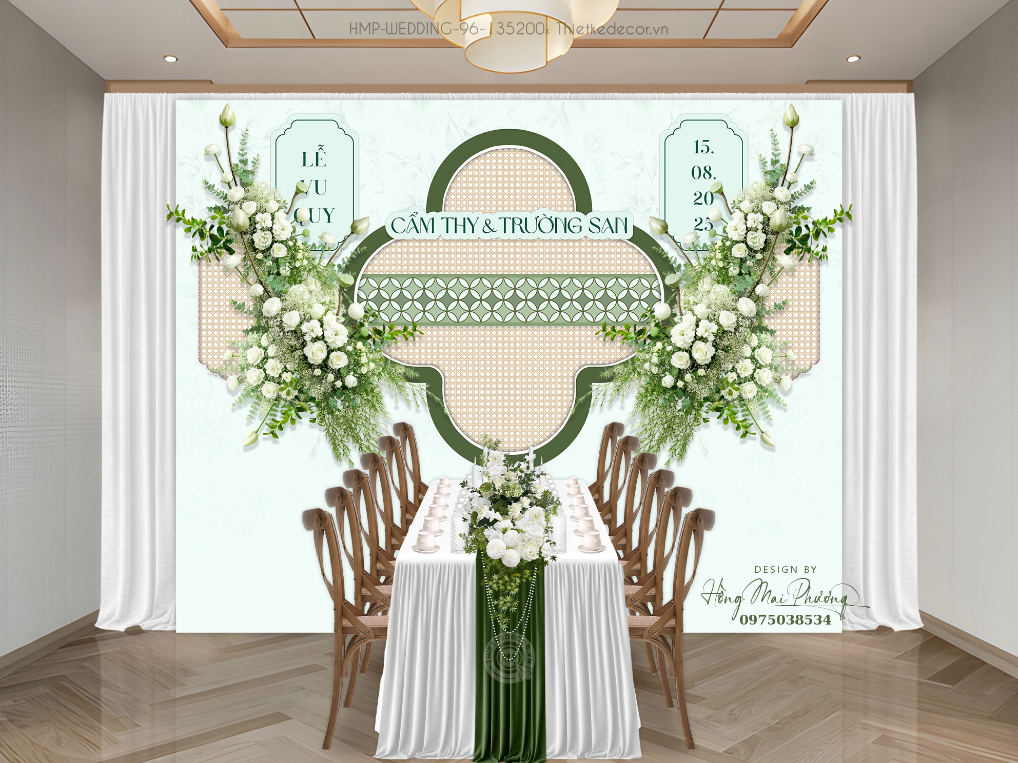 Gia tiên tone xanh lá- xanh mint phối họa tiết hoa lá & đan mây tre